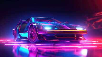 Plakat Futuristic sport car with retro design at night city street with neon glowing lights. Cyberpunk background. Created with Generative AI