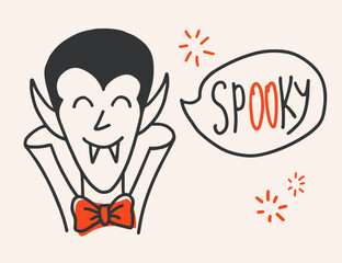 Dracula with spooky speech bubble hand drawn vector character. Cute evil with fangs and lettering.