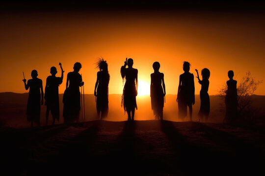 Silhouettes of african aborigines at sunset. Female tribe members in desert landscape. Created with Generative AI