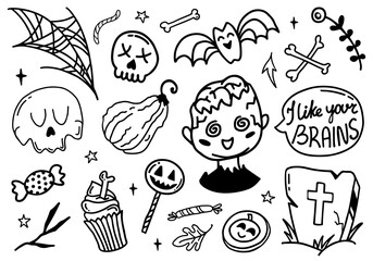 Fototapeta premium Happy Halloween cute vector set with zombie, bat, cupcake, skull, grave, candy, pumpkin lollypop isolated on white background. I like your brains speech bubble lettering quote in doodle style