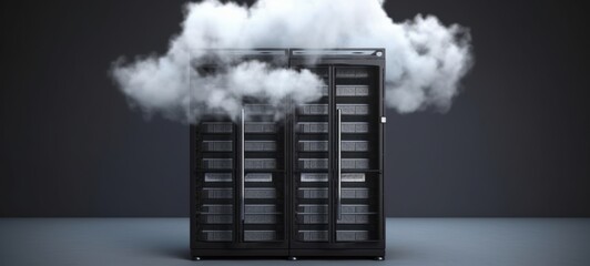 Cloud Computing Infrastructure: Server Rack with Cloud Atop, Data Storage and Connectivity, AI Generative
