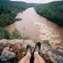 Fototapeta premium View from great height into abyss down, photo of river in gorge taken down from high cliff, photo shows photographer's legs, an unusual angle, ai generative