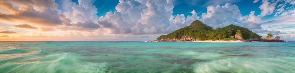 Tropical island with clear blue water. at sunset. Summer vacation panoramic background, website header, banner for travel, tourism, holidays, resort. Generative AI.