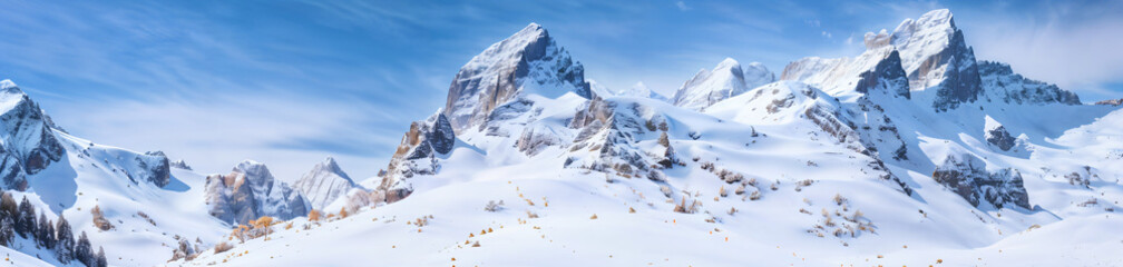 Snow covered mountains range during winter. Mountain peaks panoramic background, banner, header for tourism, travel. Generative AI.