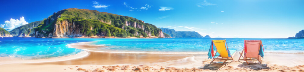 Obraz premium Tropical island with palm trees and clear blue water. Seascape panoramic background with sunbeds, website header, banner for travel, tourism, holidays, resort. Generative AI.
