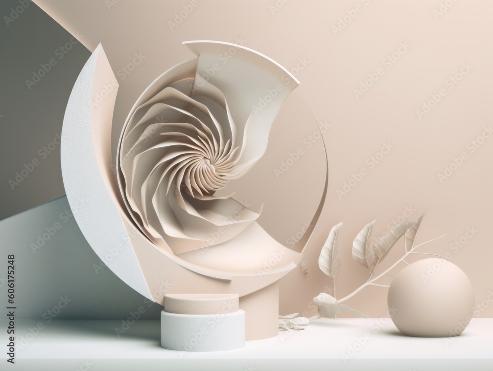 Poster a sculpture of a spiral and a ball on a table. generative ai image.