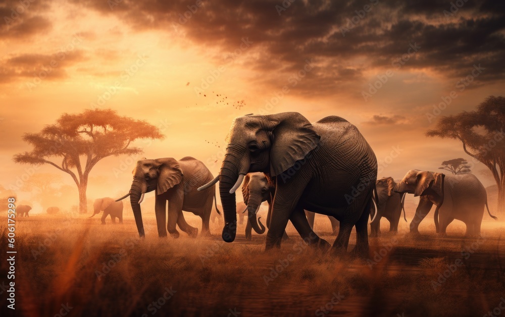 Poster a herd of elephants walking across a dry grass field. generative ai image.