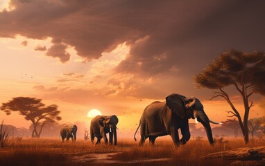 Naklejka na ściany i meble A herd of elephants walking across a dry grass field. Generative AI image.