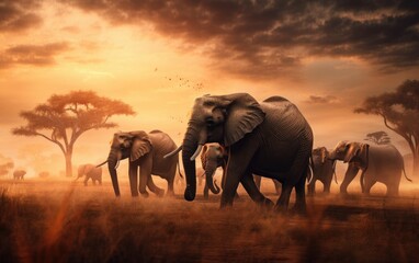 Fototapeta na wymiar A herd of elephants walking across a dry grass field. Generative AI image.