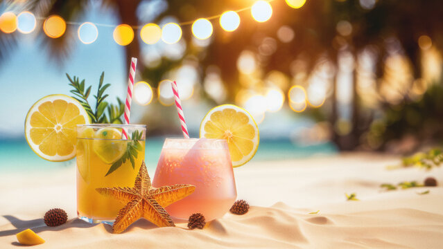 Cocktails at a beach bar at tropical resort. Colorful drinks in the sand by the sea, lights in the background. Summer vacation background, banner for travel, tourism, party. Generative AI.