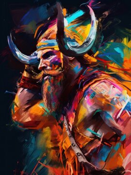 A painting of a viking man with horns on his head. Generative AI image.