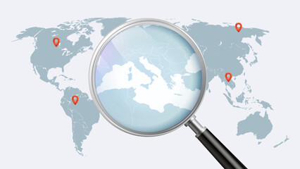 World map with a magnifying glass pointing at Europe. Map of Italy in the loupe. Vector illustration