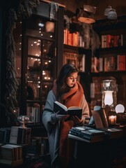 Fototapeta na wymiar A woman reading a book in a library. Generative AI image.