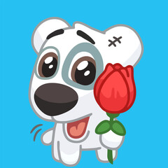 cute dog vector holding rose flower cartoon icon illustration