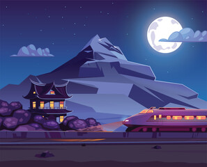 Japanese bullet train and traditional building with Fuji Mountain in background landscape vector illustration