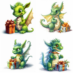 
Green cute dragon in full size holding a box with a New Year's gift. illustrative minimalistic image. Generative AI