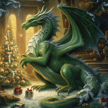 Green cute dragon in full size holding a box with a New Year's gift. illustrative minimalistic image. Generative AI