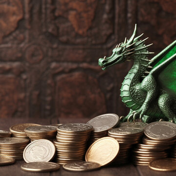 Dragon on a pile of old coins, an illustrative image of the wealth of a fantasy animal. Generative AI