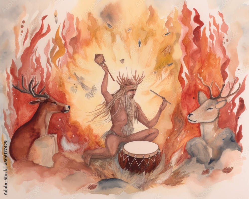 Poster a painting of a man sitting in front of a fire. generative ai image.