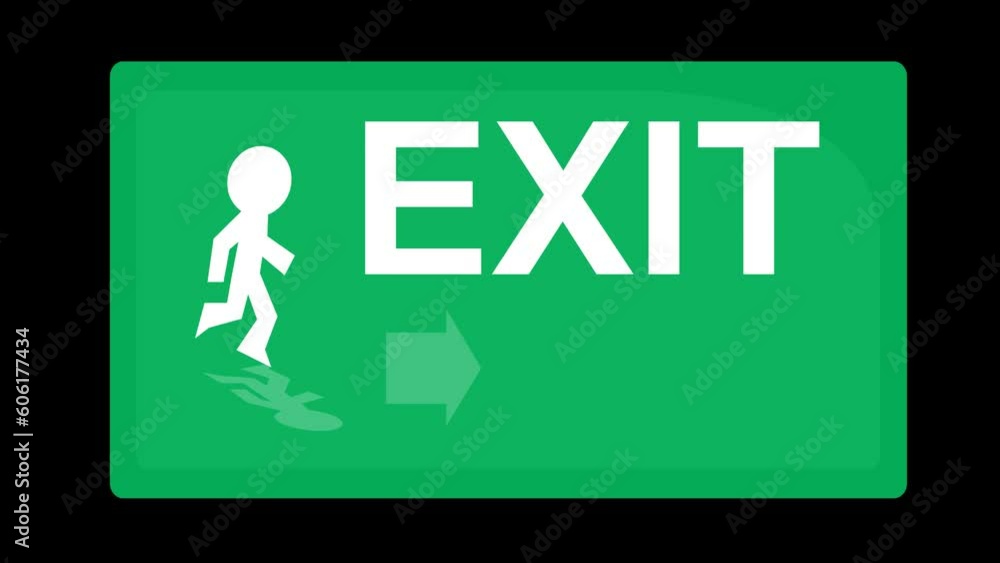 Poster video animation green exit poster, with an arrow moving and the white silhouette of a person running