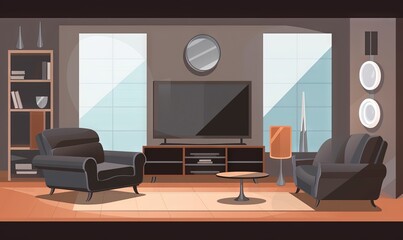  a living room with two chairs and a television on a stand in the center of the room, and a table in the middle of the room.  generative ai