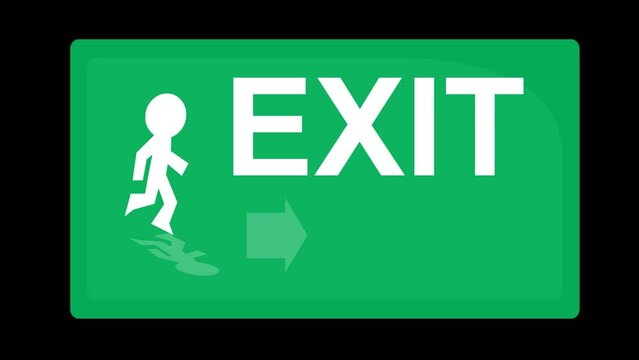 video animation green exit poster, with an arrow moving and the white silhouette of a person running. On a transparent background with zero alpha channel