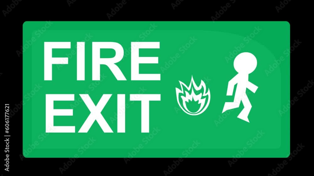 Poster video animation of emergency exit signage, with the white silhouette of a person running and escapin