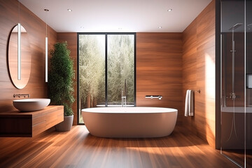 Fototapeta na wymiar Front view of a wooden bathroom with a white bathtub and shower. Modern hardwood parquet bathroom with a minimalistic design