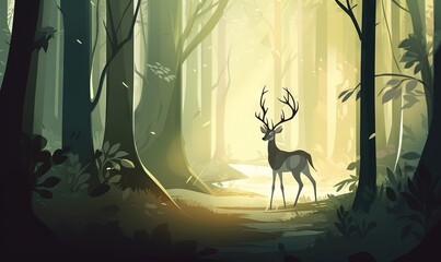  a deer standing in the middle of a forest with tall trees in the foreground and sunlight shining through the trees on the far side.  generative ai