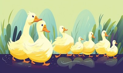 Obraz na płótnie Canvas a group of ducks walking along a river next to tall grass and plants on a sunny day with blue sky and green foliage in the background. generative ai