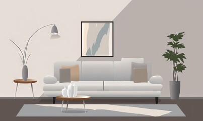  a living room with a white couch and a table with a vase on it and a plant in the corner of the room with a picture on the wall.  generative ai
