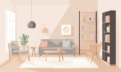  a living room with a couch, chair, coffee table and bookshelf with a bookcase in the corner and a lamp on the wall.  generative ai