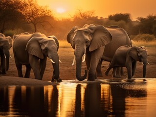 Fototapeta na wymiar A herd of elephants standing next to a body of water. Generative AI image.