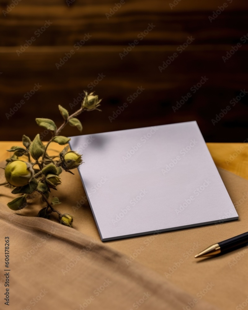 Poster a notepad and a pen on a table. generative ai image. mockup.