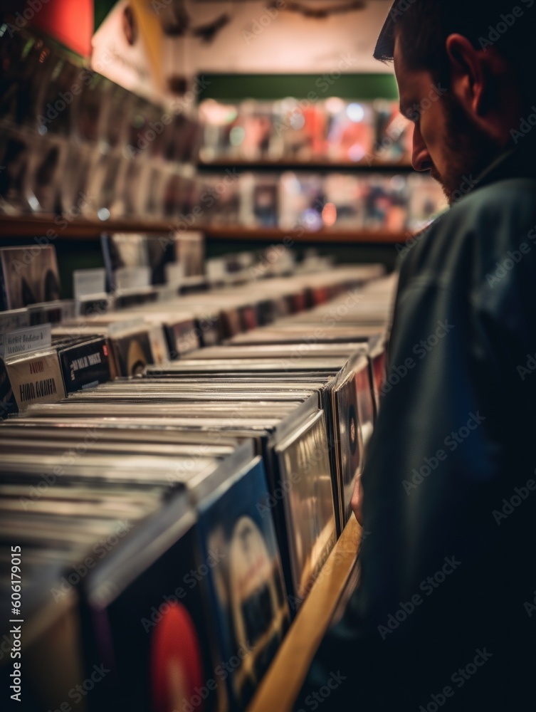 Aufkleber a man standing in front of a shelf full of cds. generative ai image.
