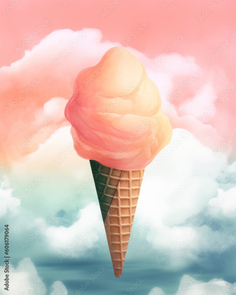 Poster an ice cream cone floating in the sky. generative ai image.