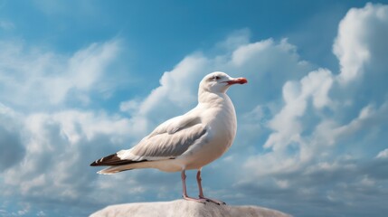 Portrait of a seagull on the seashore. Close view of a white seagull bird sitting on the beach. Wild seagull with natural blue background. Generative AI 