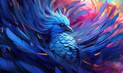Obraz premium a blue bird with feathers on its back and wings spread out, with bright colors in the background, and a blue bird with a blue beak. generative ai