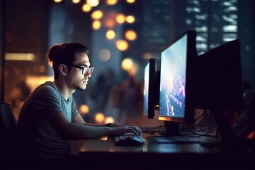 Expert Asian Male at Computer with Dual Monitors, in Modern Warm Evening Bokeh Office, AI Generative