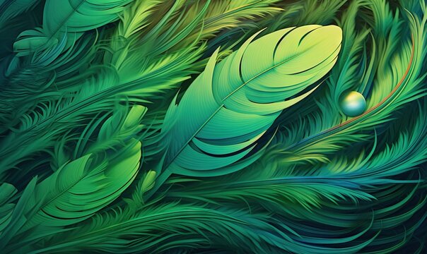  a close up of a bunch of green feathers on a blue background with a drop of water in the middle of the image and a drop of a drop of water in the middle of the feathers.  generative ai