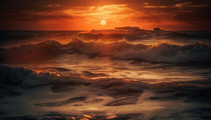 Fototapeta na wymiar Sunset over water, waves crash on sand generated by AI