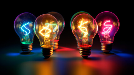 a colorful glowing idea bulb lamp, visualization of brainstorming, bright idea and creative thinking. Generative AI