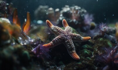  a close up of a starfish on a coral in an aquarium with other corals and other sea life in the water behind it.  generative ai