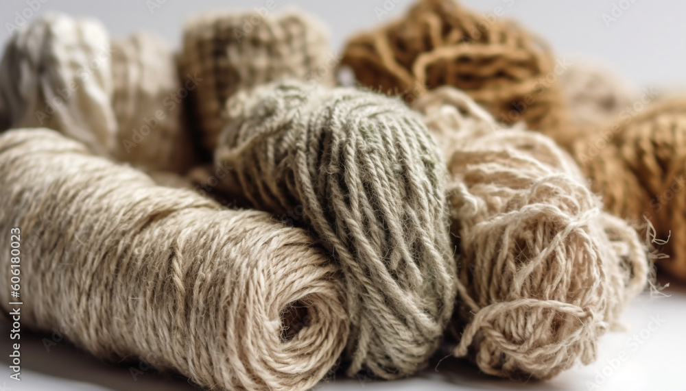 Poster woven spools of colorful wool in a row generated by ai