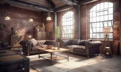  a living room filled with furniture and a brick wall with windows and a wooden coffee table in front of a couch and a coffee table.  generative ai