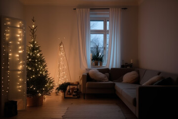 Christmas atmosphere at home with a light chain and Christmas tree. AI