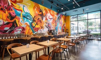 Foto op Canvas  a restaurant with a colorful mural on the wall and wooden tables and chairs in front of it and a large window to the side of the room.  generative ai © Anna