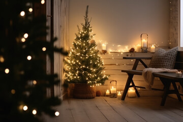 Christmas atmosphere at home with a light chain and Christmas tree. AI