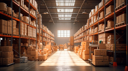 A large clean warehouse with shelves, cardboard boxes and products. Generative AI