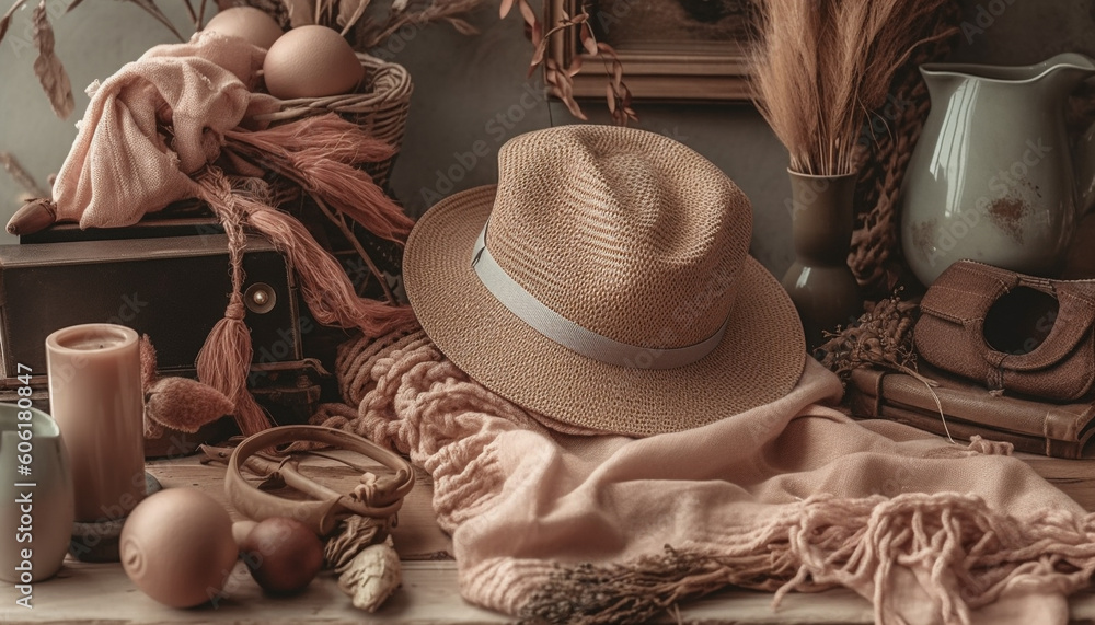 Poster Rustic straw hat and wool bag decoration generated by AI